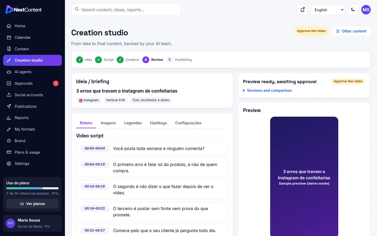 NextContent Studio: script on the left and production panel on the right